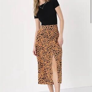 Lulu's Tan and Black Leopard Midi Skirt with Side Slit